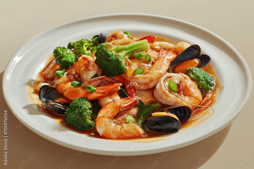 An Empty Dining Setting Showcases Seafood Chop Suey, a Harmonious Blend of Seafood, Broccoli, and Spicy Sauce on a Creamy Beige Background An Empty Dining Setting Showcases Seafood Chop Suey, a Harmonious Blend of Seafood, Broccoli, and Spicy Sauce on a Creamy Beige Background