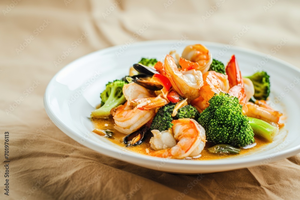An Empty Dining Setting Showcases Seafood Chop Suey, a Harmonious Blend of Seafood, Broccoli, and Spicy Sauce on a Creamy Beige Background An Empty Dining Setting Showcases Seafood Chop Suey, a Harmonious Blend of Seafood, Broccoli, and Spicy Sauce on a Creamy Beige Background