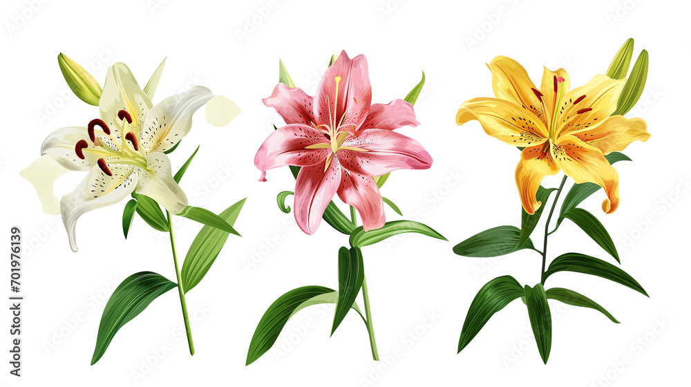 Obraz premium Set of springtime lily flowers and petals isolated on transparent background.