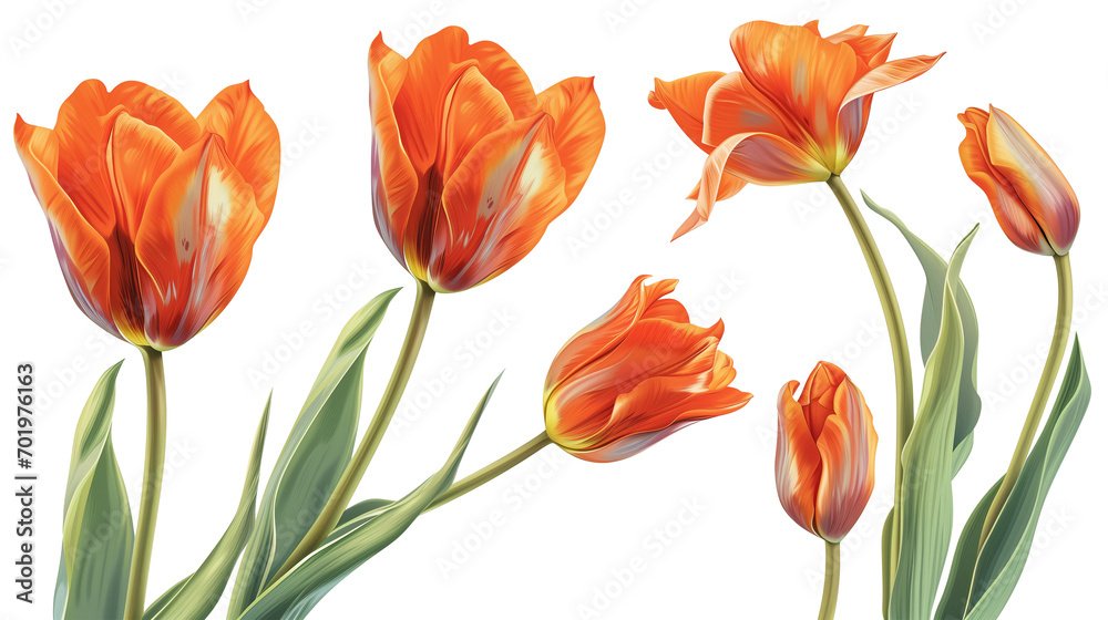 Realistic orange tulips with petals set on transparent background Realistic orange tulips with petals set on transparent background