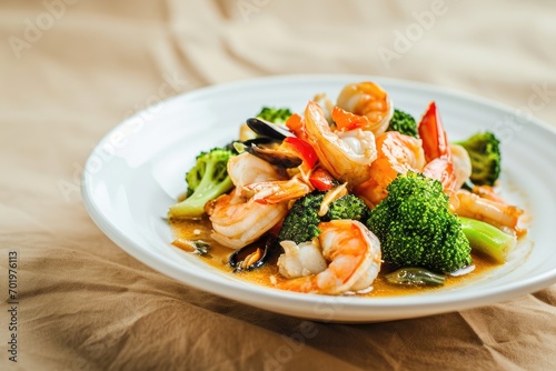 An Empty Dining Setting Showcases Seafood Chop Suey, a Harmonious Blend of Seafood, Broccoli, and Spicy Sauce on a Creamy Beige Background