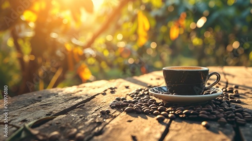 Coffee Oasis. Immerse yourself in the calming ambiance of a wood table, set against a captivating coffee field background. A moment of stillness AI Generative 