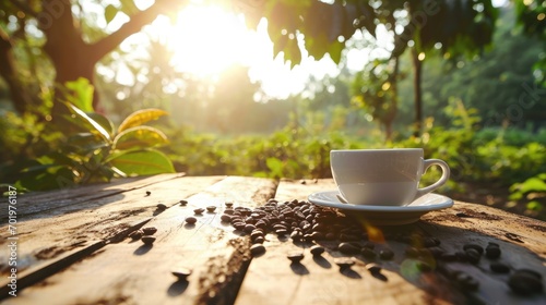 Coffee Oasis. Immerse yourself in the calming ambiance of a wood table, set against a captivating coffee field background. A moment of stillness AI Generative 