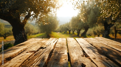 Empty wood table with ample free space against a backdrop of lush olives field. Copy space for text. Organic Agriculture olive oil concept. AI Generative 