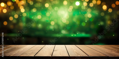 Wooden table with blurred St. Patrick's Day background
