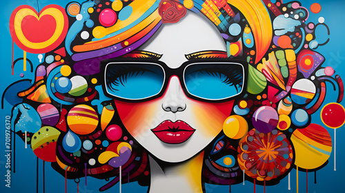 Colorful retro portrait of woman wearing sunglasses close up psychedelic vivid colors