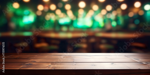 Wooden table with Irish bar background photo