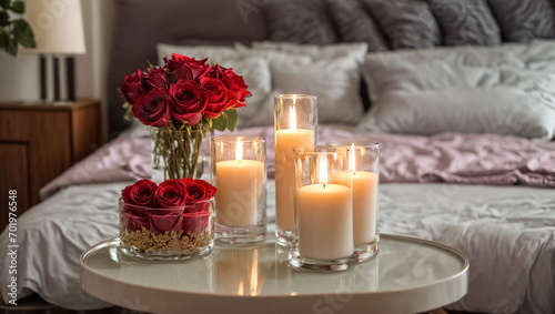 Candles and beautiful flowers in the room comfortable