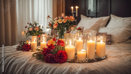 Candles and beautiful flowers in the room fragrance