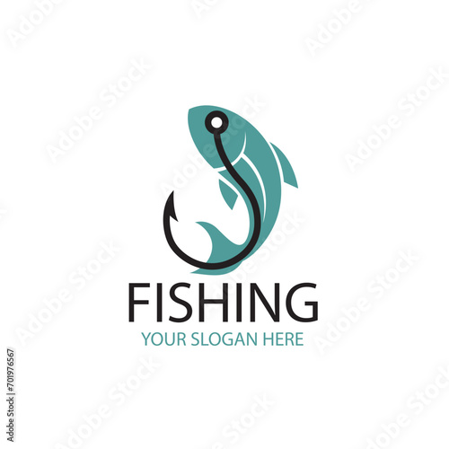 fishing emblem with fish and hook isolated on white background