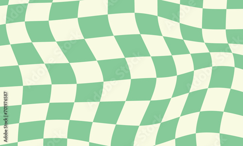 Psychedelic pattern with warped green and cream squares. Trippy checkerboard layout. Vector flat illustration. Retro background in y2k styles
