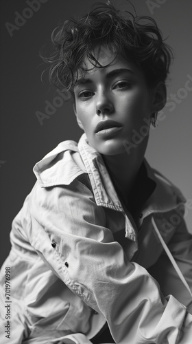 Monochrome Image of Woman in White Jacket