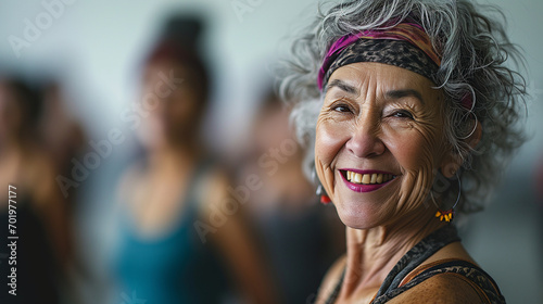 Professional portrait of an active senior asian woman smiling at a gym class