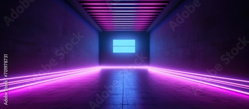 Dark empty room neon light beams, pink, blue, purple, from above