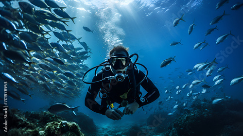 Scuba diver underwater and coral reef close up