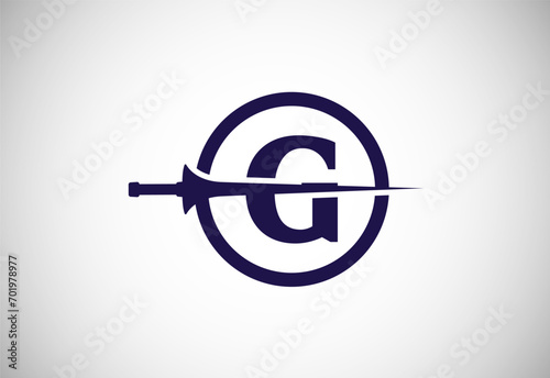 English alphabet G with spear lance. Creative spear logo design template vector illustration