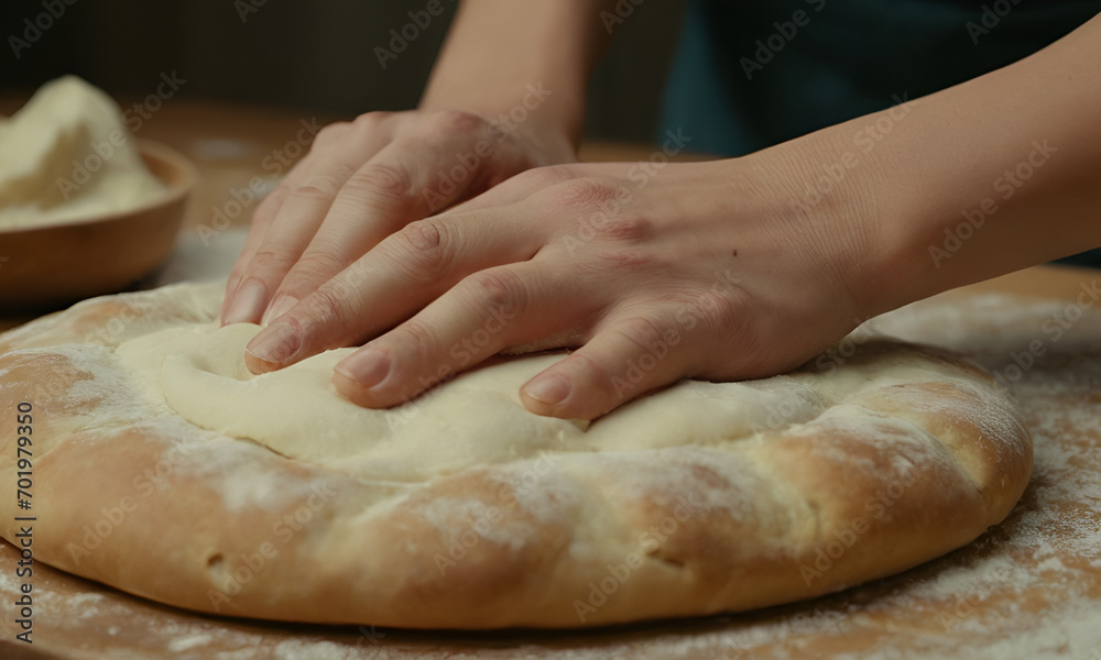 A person is kneading dough on a table