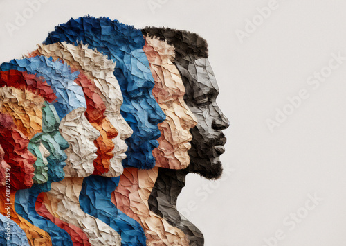 Black history month, diversity concept, group of men and women various ethnic groups , isolated background, illustration with crumpled paper