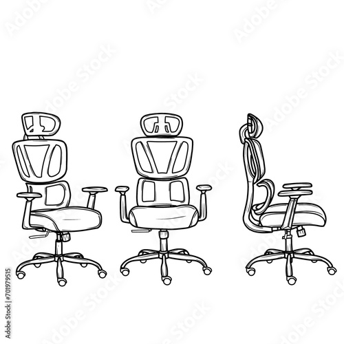 Vector illustration of office chairs hand drawn sketch, Ergonomic with armrest and headrest outline line art in isometric, front, and side view, isolated on white background