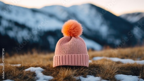 Minimalistic view of a knitted Peach Fuzz beanie, adorned with a playful pom pom and ready to tackle any winter adventure.
