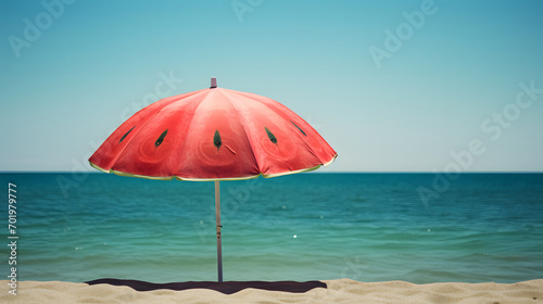 Red parasol on the beach near the sea. Exotic summer composition. It's time to rest. photo