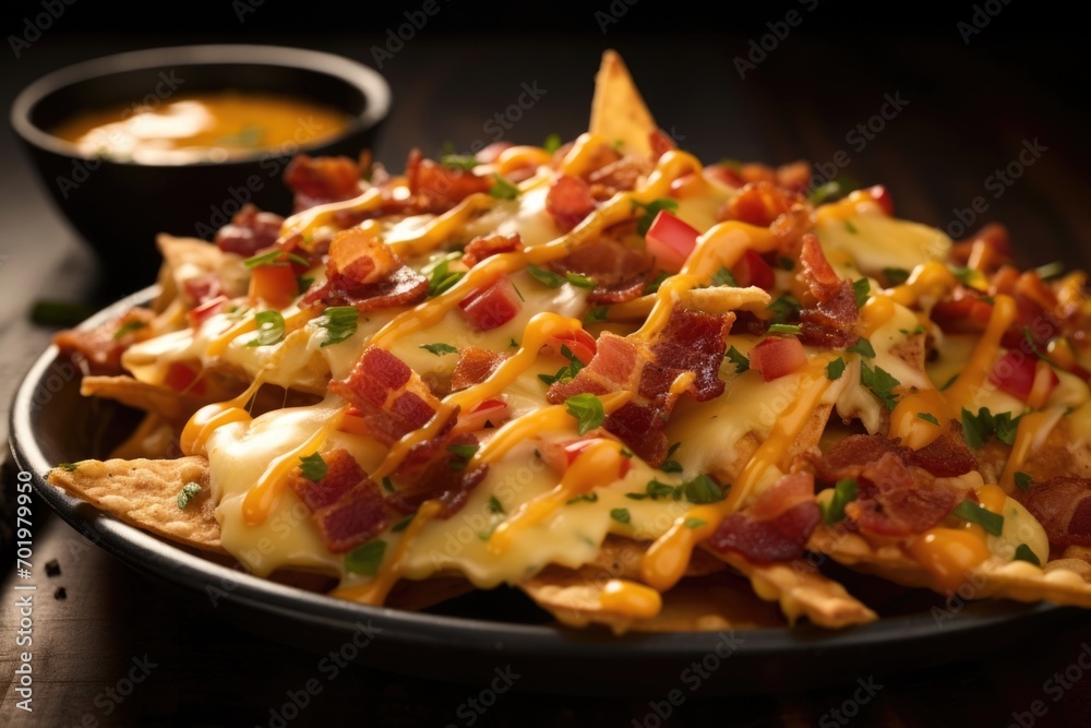 A symphony of flavors awaits in this unique twist on classic nachos. Sweet and savory collide as thick, sumptuous slices of mapleglazed bacon intertwine with melted fontina cheese, creating A symphony of flavors awaits in this unique twist on classic nachos. Sweet and savory collide as thick, sumptuous slices of mapleglazed bacon intertwine with melted fontina cheese, creating