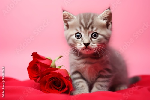 Kitten with red rose on pink background. Valentine's Day © Лена Шевчук