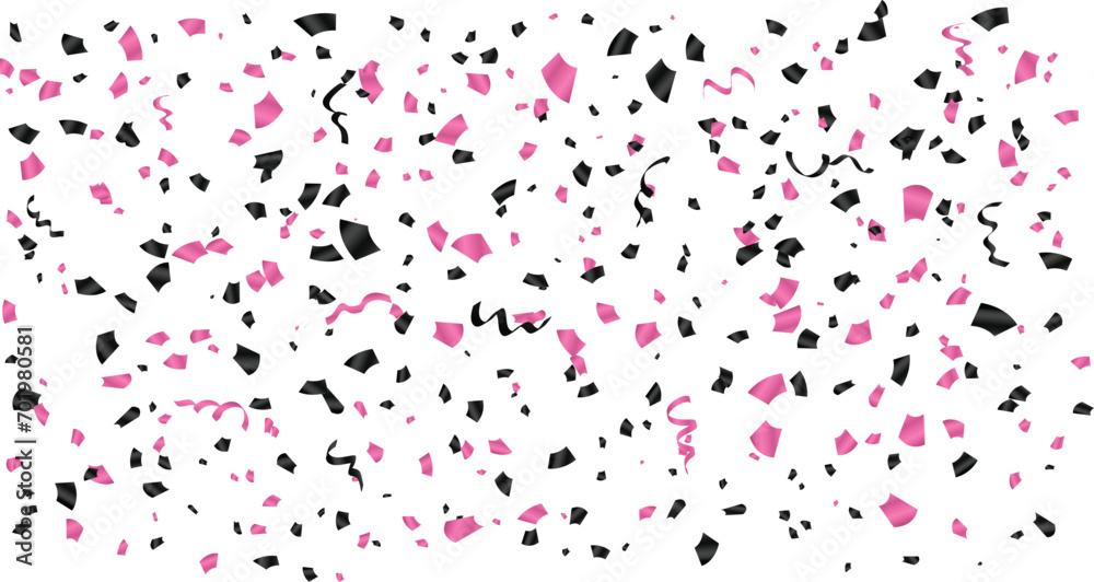 Black and pink confetti and ribbon on white background, festive illustration, Shiny Confetti explosion, colorful confetti and ribbons, Celebration elements