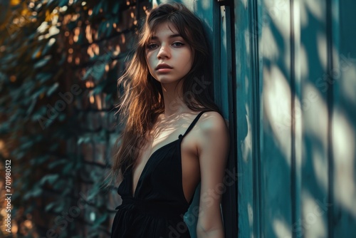 A Teen Girl wearing a Black Jumpsuit with Deep Irregular Shapes Background - Woman Princesscore Avacadopunk Fashion Style - Clothes Bold Curves Intricate Cut-Outs created with Generative AI Technology