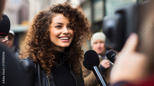 TV live news broadcasting team members with cameras and microphones interviewing a happy and smiling beautiful young lady with curly brunette hair. Reporters asking questions, giving street interview photo