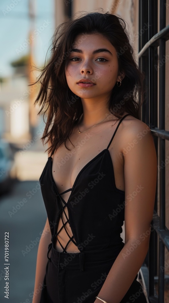 A Teen Girl wearing a Black Jumpsuit with Deep Irregular Shapes Background - Woman Princesscore Avacadopunk Fashion Style - Clothes Bold Curves Intricate Cut-Outs created with Generative AI Technology