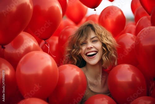A woman lies on a bed in the middle of red heart-shaped balloons . Valentine's Day