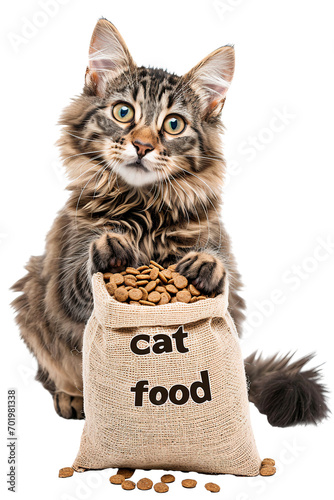 Portrait of a cat holding a bag of dry cat food isolated on white background