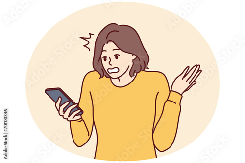 Puzzled woman holding phone and reading unpleasant messages from bank makes wave of hand. Bewildered girl reading fake news in smartphone and nervous about false information. Flat vector illustration
