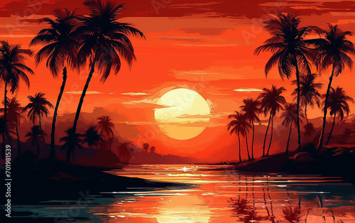 Illustration of sunset at beach © KHAIDIR
