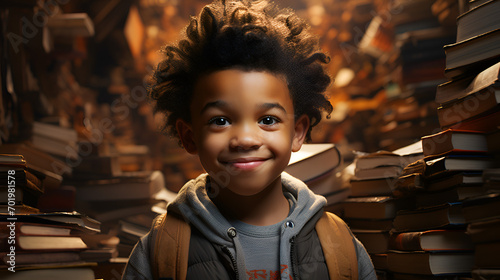 Child reading a book in a library, small African American boy staring up at tall stacks of books