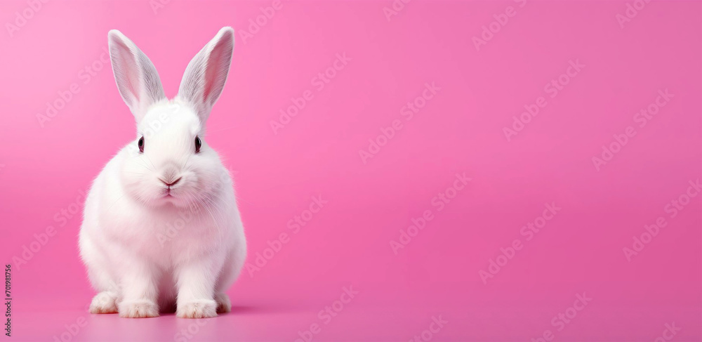 Obraz premium Cute white rabbit on pink background