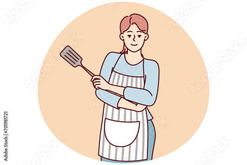 Smiling woman housewife stands with arms crossed in front of chest with spatula for cooking. Lady homemade confectioner or cook posing in striped apron draped over casual clothes. Flat vector image