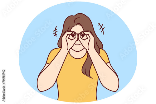 Curious woman looking at screen using hands instead of binoculars wants to know someone else secret. Focused lady raises palms to eyes to get closer look at distant object.. Flat vector image