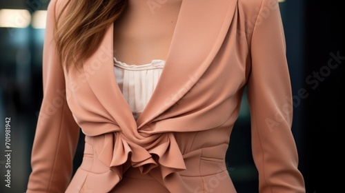 Closeup of a feminine Peach Fuzzcolored peplum top layered under a structured blazer for a polished office look. photo