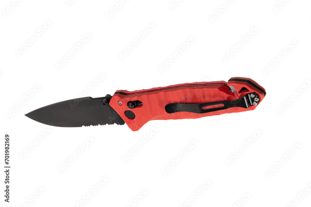 Pocket modern folding knife. Pocket knife with corkscrew and sling cutter. Isolate on a white back Pocket modern folding knife. Pocket knife with corkscrew and sling cutter. Isolate on a white back