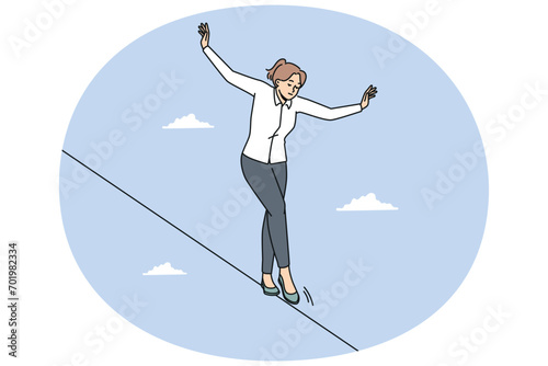 Young businesswoman walking on rope balancing in daily tasks at workplace. Female employee on tightrope show courage and risk at work. Vector illustration.