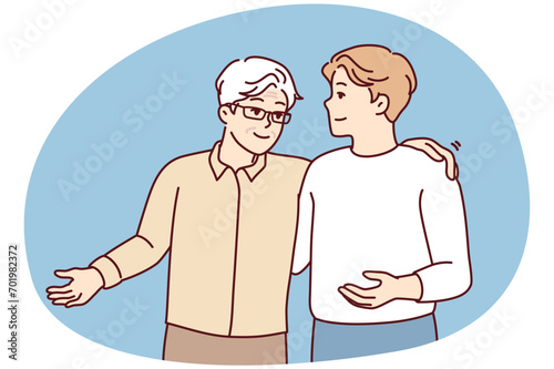 Two guys of friends slap each other on back and shoulders during joint walk or long-awaited meeting. Gray-haired elderly man is talking to young son giving wise advice. Flat vector illustration