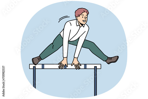 Smiling motivated businessman jumping over obstacle show problem solution. Happy male employee overcome barrier solve trouble. Challenge concept. Vector illustration.