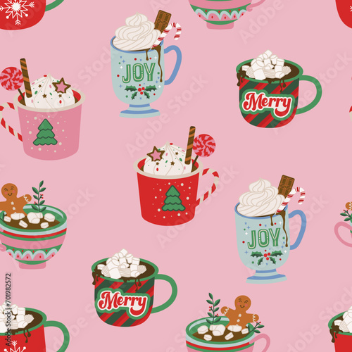pink seamless pattern with hot cocoa and sweets photo