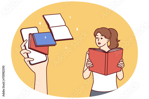 Surprised woman with textbook sees giant hand with phone with books in screen. Offer to use mobile application for reading online literature or e-books from internet library. Flat vector illustration