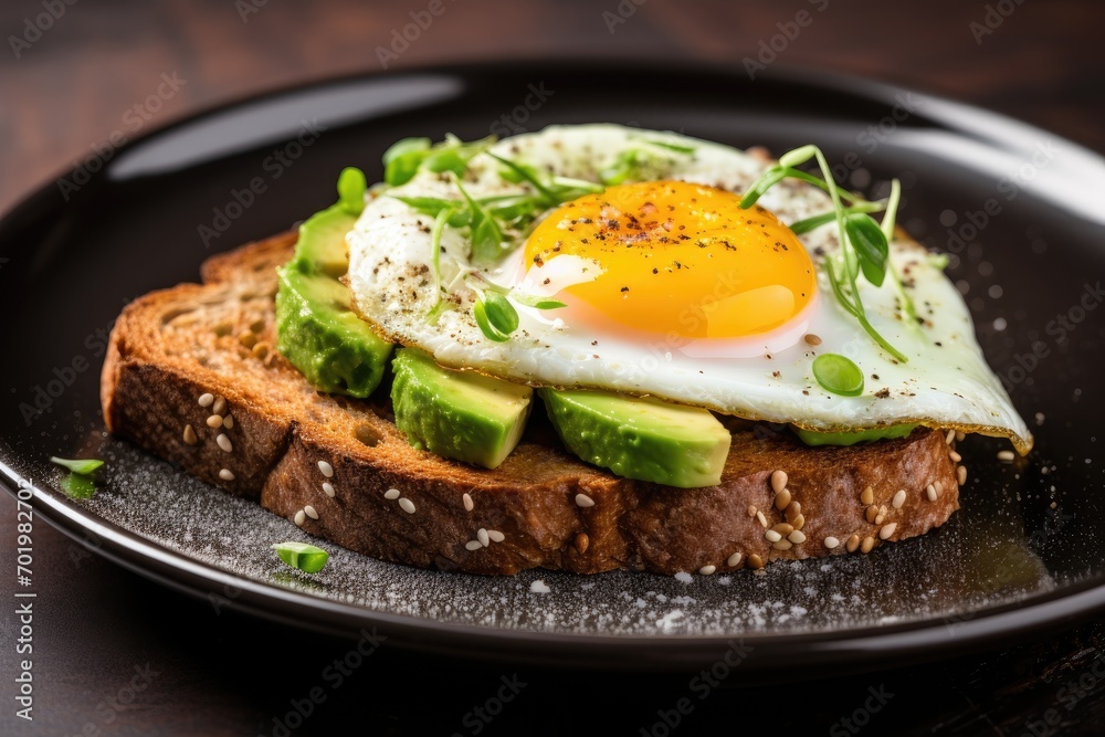 Close up of healthy keto breakfast with avocado toast and fried egg Close up of healthy keto breakfast with avocado toast and fried egg