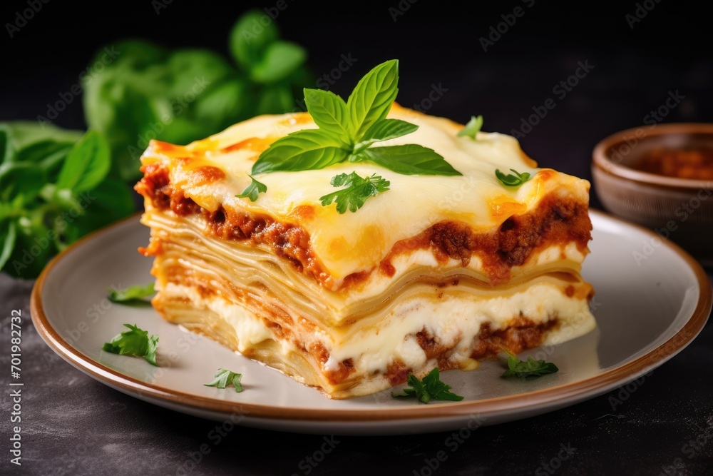Close up still life of homemade Italian meat lasagna with Bolognese and bechamel sauce