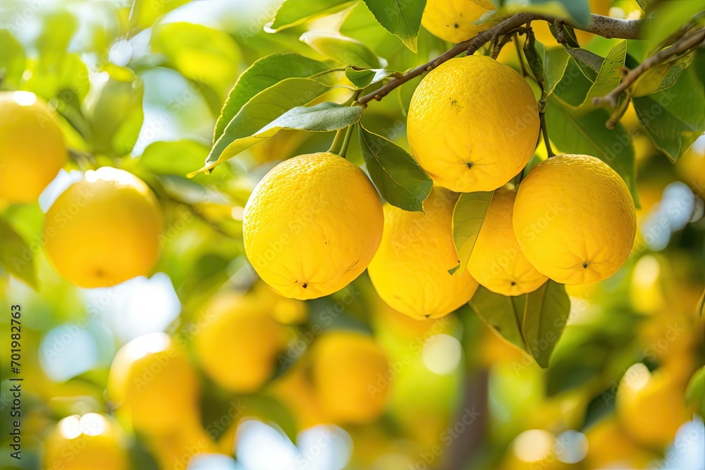 Clusters of fresh ripe lemons on Italian lemon tree branches