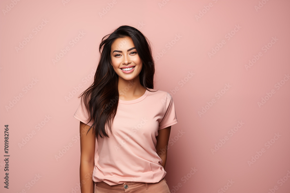 joyful woman with warm smile, wearing casual, soft pink t-shirt. Her long, flowing dark hair frames radiant, lightly made-up face, accentuating cheerful expression against pastel pink background. joyful woman with warm smile, wearing casual, soft pink t-shirt. Her long, flowing dark hair frames radiant, lightly made-up face, accentuating cheerful expression against pastel pink background.